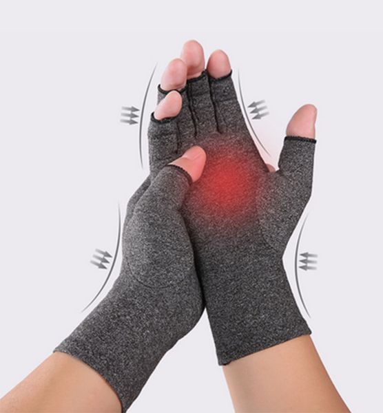 

1 pair therapy compression gloves cotton elastic arthritis joint pain relief gloves half finger cycling fitness, Black;red
