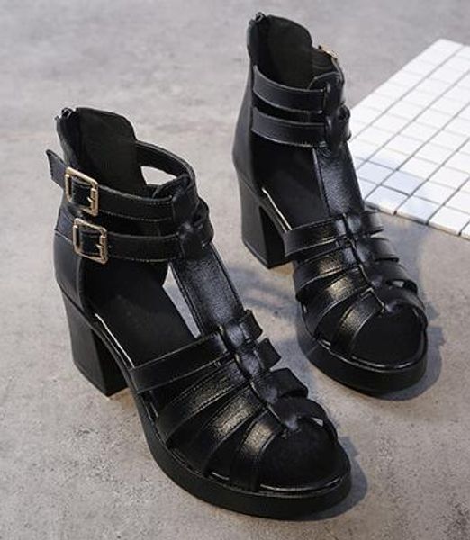 

high-heeled leather sandals new zipper fish mouth women lightweight breathable buckle design thick with women sandals, Black