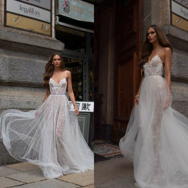 

2020 julie vino wedding dresses spaghetti sleeveless backless appliques lace a line wedding dresses sweep train bridal gowns, White