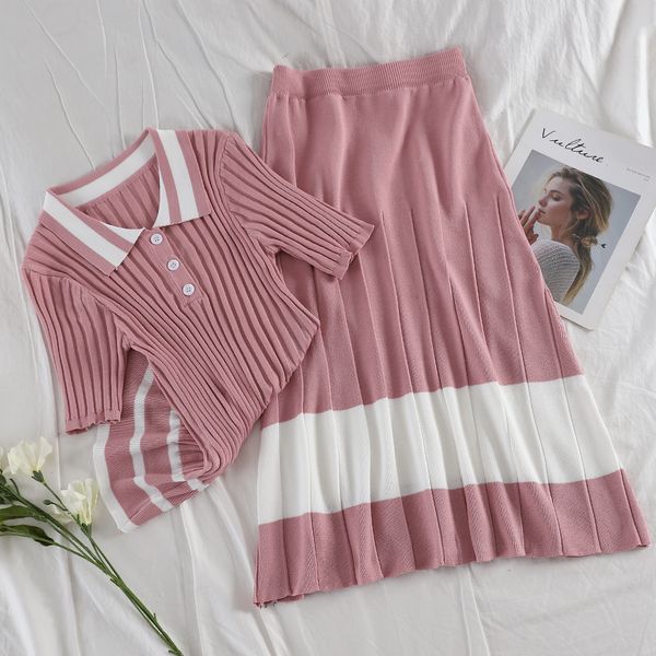 

2019 summer ladies striped short sleeve knitted tee + mid-calf skirts 2pcs graceful knitting suits women casual clothing set, White