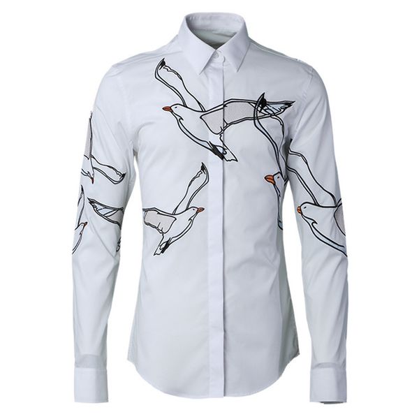 

fashion seagull precision embroidery dress long sleeve social shirt casual slim fit men shirts, White;black