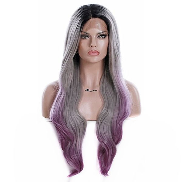 24inch Gray Lace Front Wig Purple Ombre Dark Root Women S Hair