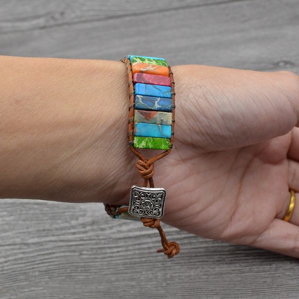 

chakra bracelet jewelry handmade multi color natural stone tube beads leather wrap bracelet couples bracelets creative gifts, Black