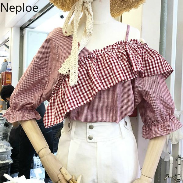 

neploe plaid ruffles patchwork camis shirts summer 2019 fashion v-neck half sleeve blouse korean ladies 44147, White