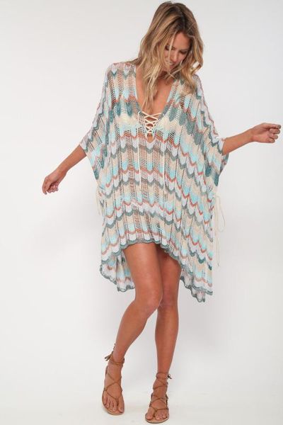 

casual v-образным вырезом batwing рукава кисточкой summer beach dress sexy lace up side split женщины пляжная, Black;gray
