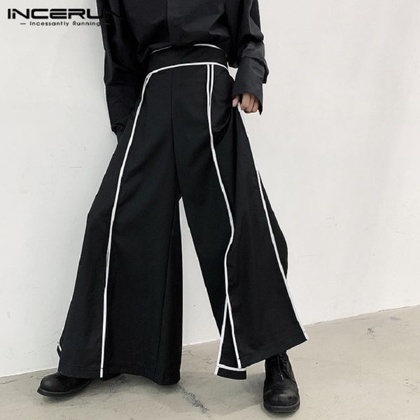 

incerun мода мужчины широкие ноги брюки полосатый joggers сыпучие 2020 упругие талии streetwear pantalon панк повседневный split хем брюки, Black