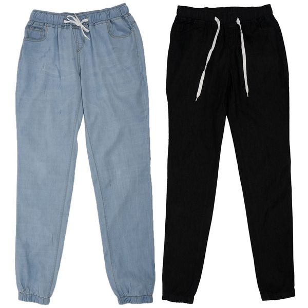 

2 pcs women casual jogger pants drawstring elastic waisted jeans solid ladies denim pants slim leggings s, black & light b, Blue