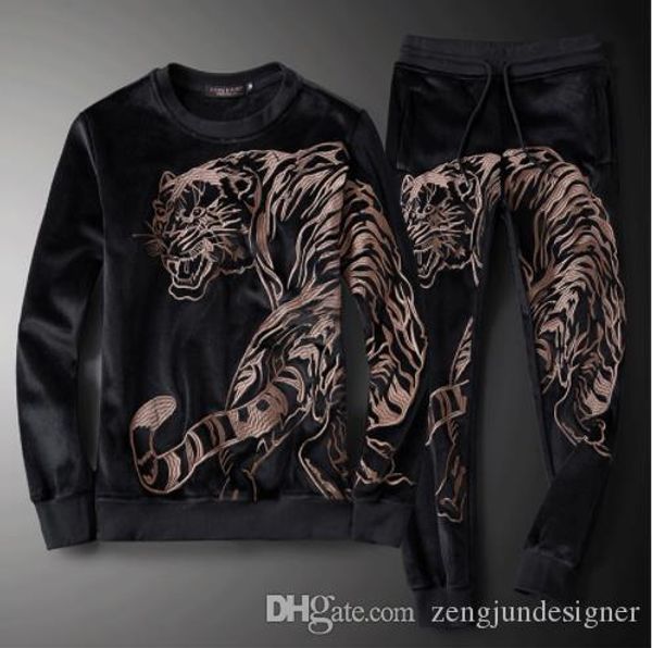 

мужские 2pcs winter дизайнер crew neck с длинным рукавом сплошной цвет тигр печать homme одежда осень повседневная одежда, Gray