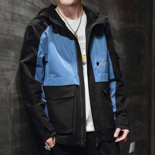 

mens vintage black patchwork hooded tooling jackets and coats male loose bomber pilot jacket japanese streetwear work clothes, Black;brown