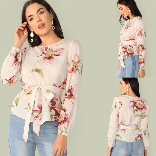 

2020 european and american vogue new women clothes long sleeve shirt printed chiffon ladies and blouse in spring summer, White