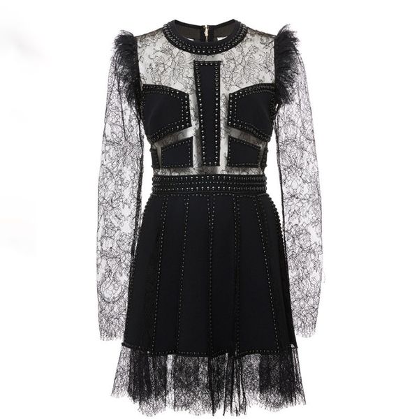 

to gladself lace dress female long sleeve rivets perspective evening party black mini dresses for women autumn fashion 2018, Black;gray