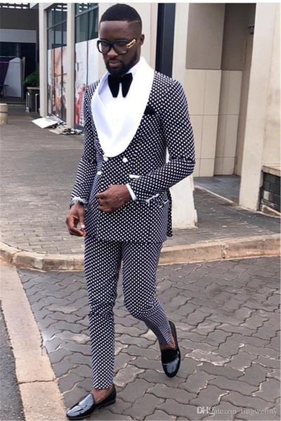 

white spots mens wedding tuxedos dark blue groom groomsmen tuxedos popular man blazers jacket excellent 2 piece suit(jacket+pants+tie) 1471, Black;gray