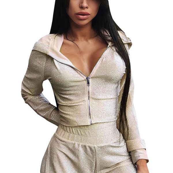 

women casual flash zipper sweater trousers set long sleeve crop + pants, Black;blue