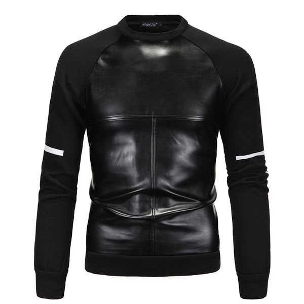 

trendy men contrast color cross pu faux leather splicing o-neck pullover sweatshirts jumper coat 3 color outerwear nsy16-11-03, Black