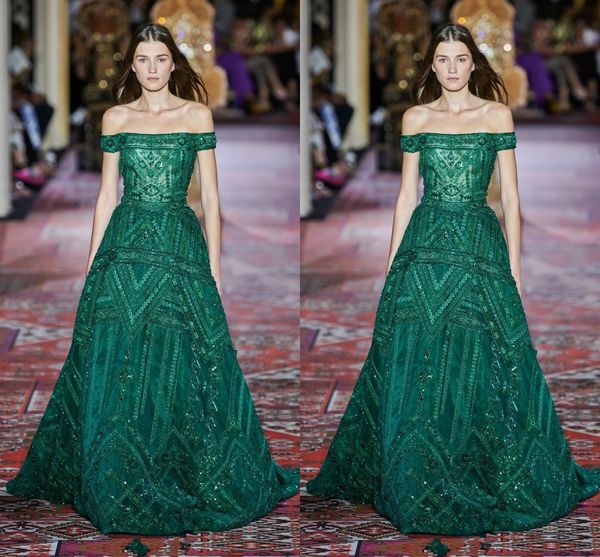 

elie saab 2020 couture fashion plus size off shoulder green prom dresses short sleeve sweep train formal occasion prom party dress, Black
