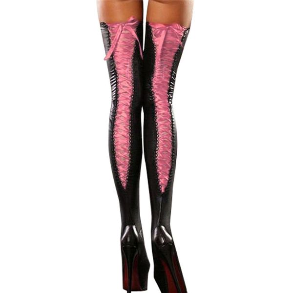 

club women comfortable thigh-high stockings leather lace bow long cute women skarpetki damskie meias feminino, Black;white