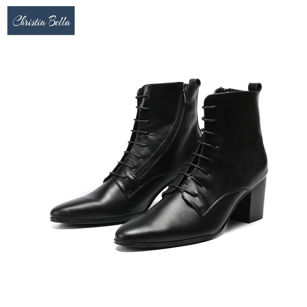 

christia bella men shoes genuine leather boots new fashion autumn metal pointed toe boots big size lace up mid heel short, Black