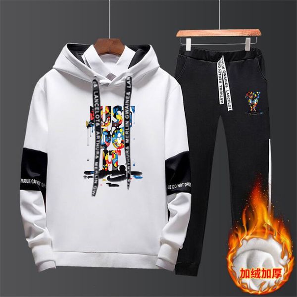 

male just letter printing fashion tracksuits sports plus velvet sweater couple hooded long sleeve suit, Gray