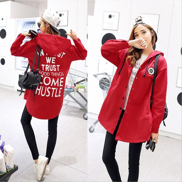 

spring autumn women basic jacket windbreaker coat single breasted pocket hooded words printed female outwear, Black;brown