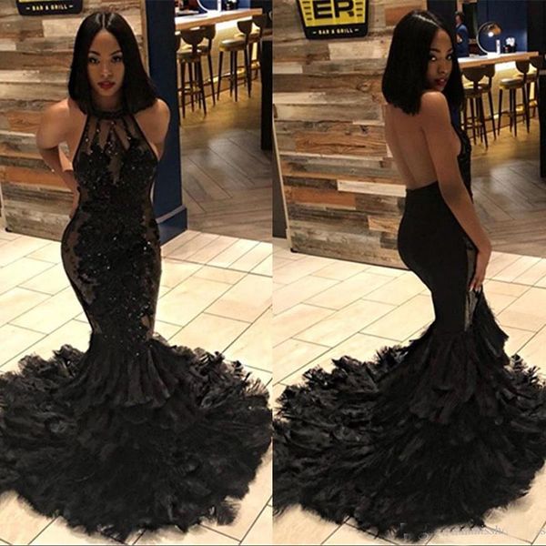 

Black Halter Lace Mermaid Long Prom Dresses 2019 Illusion Tulle Applique Beaded Feather Layers Sweep Train Formal Party Evening Gowns
