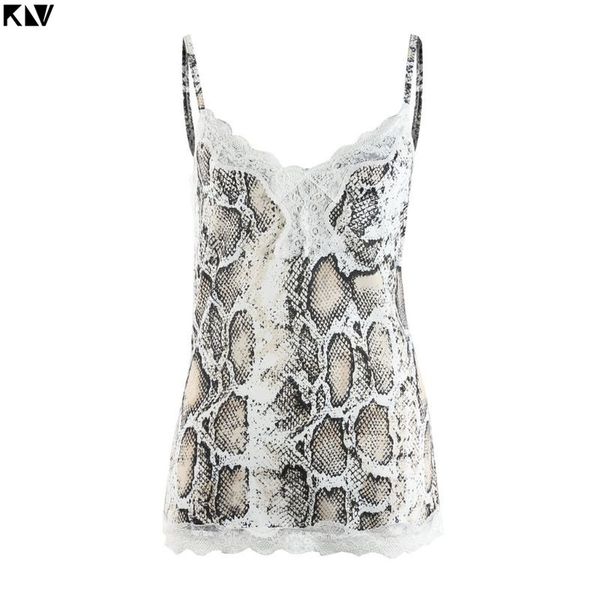 

klv women v neck sleeveless strappy lace snake print camisole tank vest cami top, White