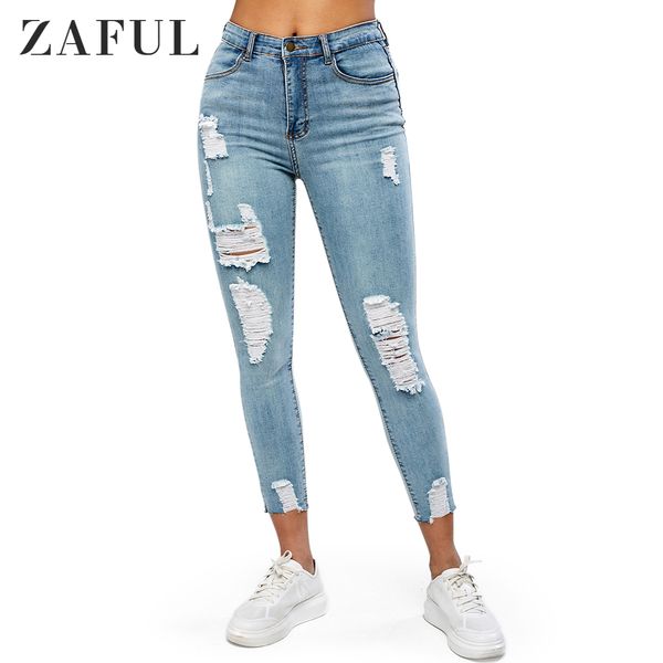 

zaful distressed pocket light wash jeans zipper high waist skinny hole pencil pants frayed ankle-length streetwear 2019, Blue