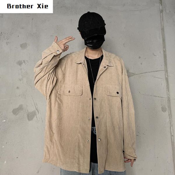 

autumn corduroy shirt men's fashion solid color casual retro cotton shirt man streetwear wild loose long-sleeved shirts mens, White;black
