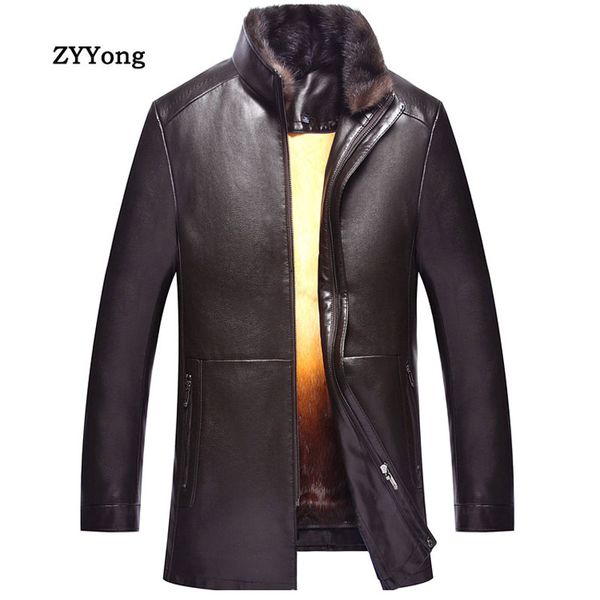 

2020 new fur collar leather coat men jacket down plus velvet liner pu leather winter business casual chaquetas hombre clothing, Black