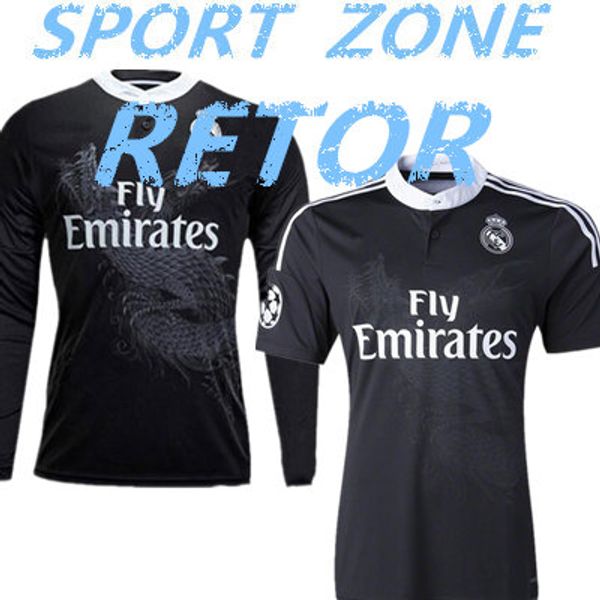 

retro real madrid 14 15 third soccer football jersey kaka ronaldo zidane beckham sergio ramos james 2014 15 raul robinho long sleeve jersey, Black