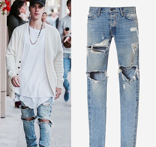 2019 Justin Bieber Jeans Fear Of God Ripped Jeans Black And Blue