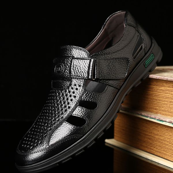 

summer men casual cow genuine leather sandals mens breathable hollow sandals soft moccasins man shoes size 38-48, Black