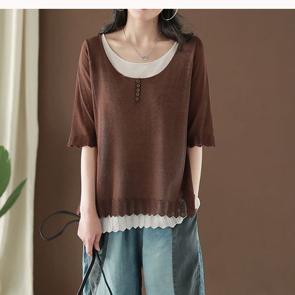 

women knit t shirt tees 2-in-1 tshirt pleated sweep patchwork elegant retro vintage casual fashion for summer az20491530, White