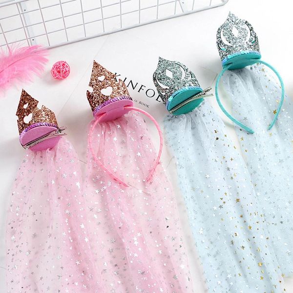 

kids girls hairband crown princess veil headband hairpin stage props hair accessories new children's birthday gift, Slivery;white