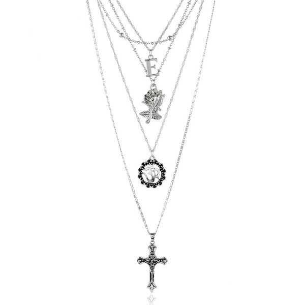 

yuyijia ornament simple personality letters flower necklaces cross personality multilayer jewelry, Silver