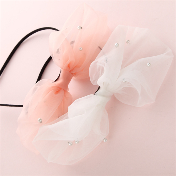 

spring and summer bow children's hair hoop girls wash face hair hoop 5 color net yarn silk accessories, Slivery;white