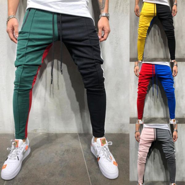 

fashion men gym tracksuit sport pants 2019 new panelled long trousers fitness workout joggers long pencil sweatpants m-2xl, Black