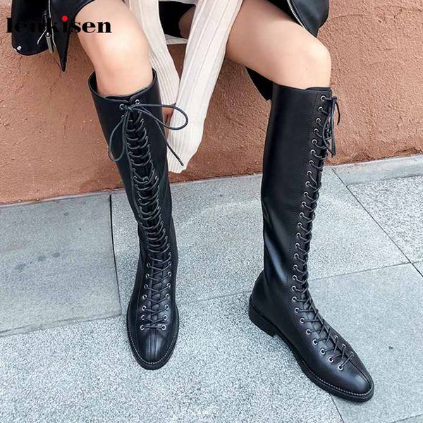 

lenkisen fashion british chic lace up genuine leather round toe med heels back zip winter keep warm women knee high boots l37, Black