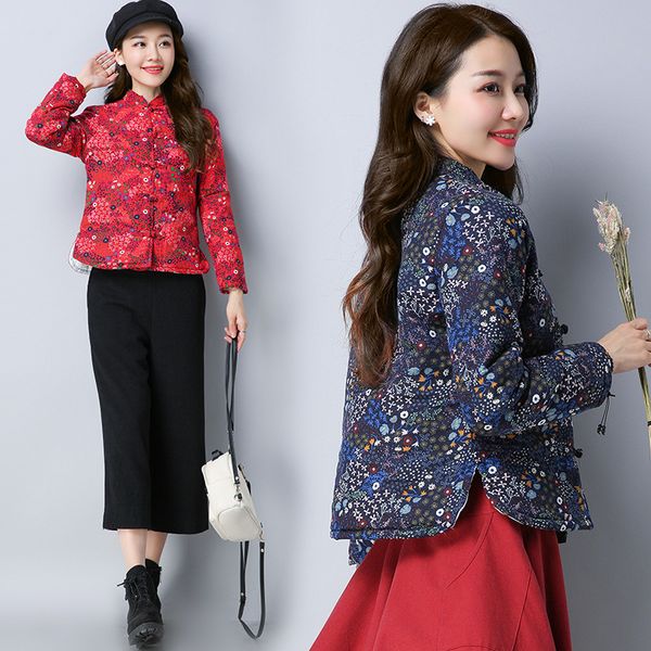 

2018 autumn and winter large size national wind women's dress literature and art small floral warm cotton linen short cotton, Blue;black