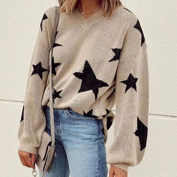 

women knitted sweater 2019 winter autumn female knitwear casual loose stars print plus size xl pullover ladies knited sweaters, White;black