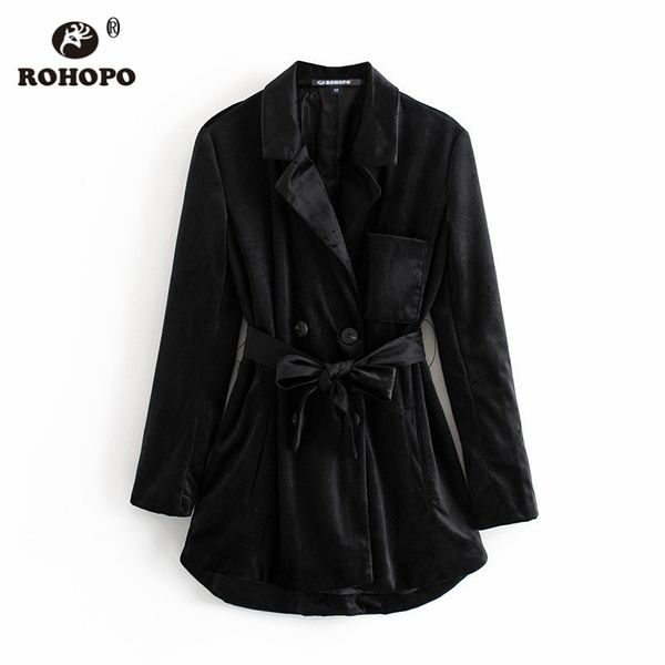 

rohopo notched collar velvet beled black trench coat double breast buttons ladies slim autumn out coat #2973, Tan;black