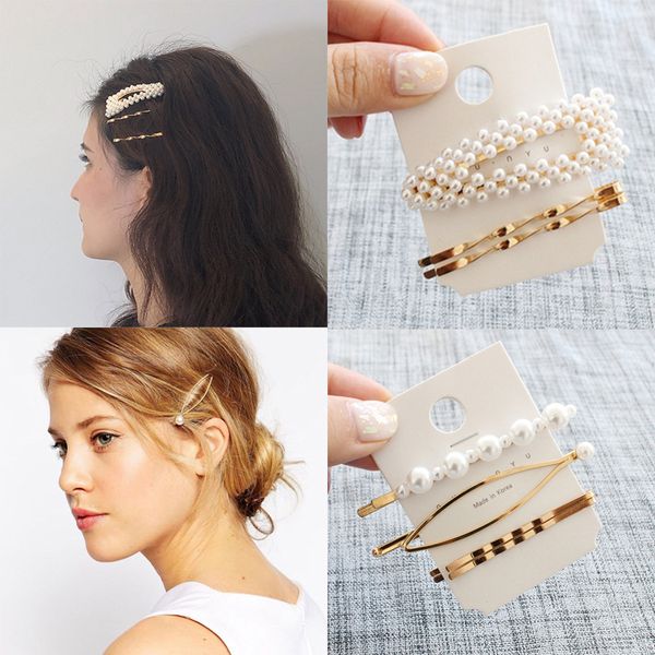 

3pcs sweet women pearl hair clip snap hair barrette stick gold metal grips elegant for female girl hairpin accessories