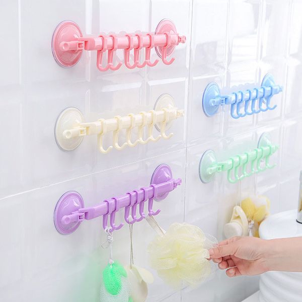 

adjustable 6 hook suction cup bath towel hanger rack hanging shelves holders lock type sucker bathroom kitchen hook organizer