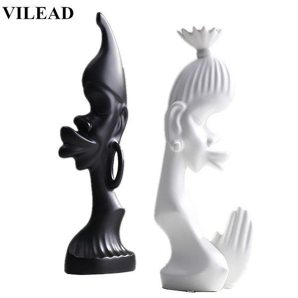 

vilead 35cm 2pcs/set ceramic glaze abstract man woman figurines white black african couple lover statue vintage home decor