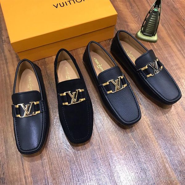 

new fashion luxury running shoes mens cycling shoes real leather flat metal button peas shoes classic casual shoe of high quality, Black