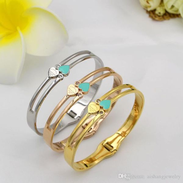 

pb65 fashion double forever lover blue and white heart beautiful gold plate bangle for gift ing, Black