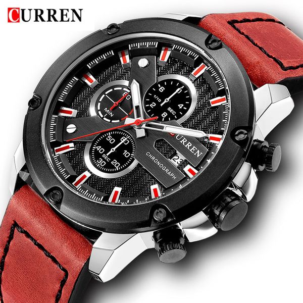 

curren brand men army sport chronograph watches men waterproof leather quartz wristwatch watch male leisure clock, Slivery;brown