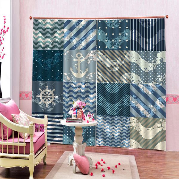2019 Custom Wavy Stripes Pirate Ship Anchor Curtain For Children Room Living Room Blackout Window Curtains 2 Panel Drapes Indoor Decor From