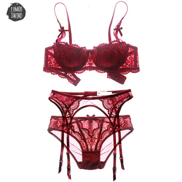 

size temptation women lingerie set embroidery half cup bra set thin spandex black white bra and panty with garters, Red;black