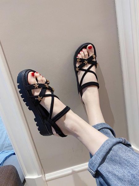 

sandal's women wedges platform candy color ladies shoes ladies summer casual slip on strap cross cool girls, Black