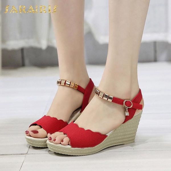 

sarairis fashion new design wedge heels summer sandals woman shoes buckle strap metal decoration platform shoes women sandals, Black